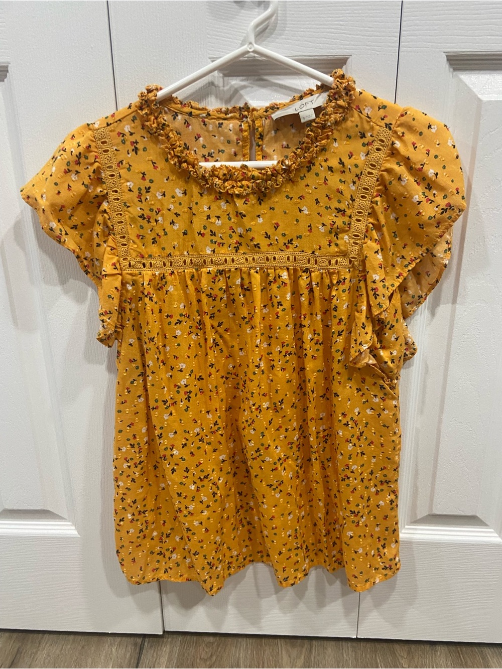 LOFT Mustard Floral Ruffle Neck Flutter Sleeve Blouse